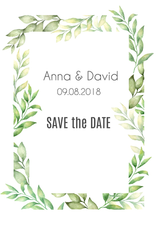 Vector cards templates with hand drawn watercolor green leaves. Template for save the date, birthday cards, wedding invitations.のイラスト素材