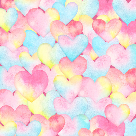Watercolor background with hearts in pastel tender colors. Useful for wedding invitations, greeting cards, scrapbook background.の写真素材