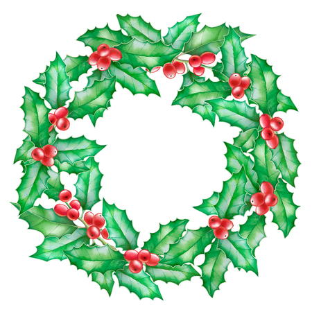A New Year wreath with watercolor hand drawn green branches of holly with red berries isolated on white background.の写真素材