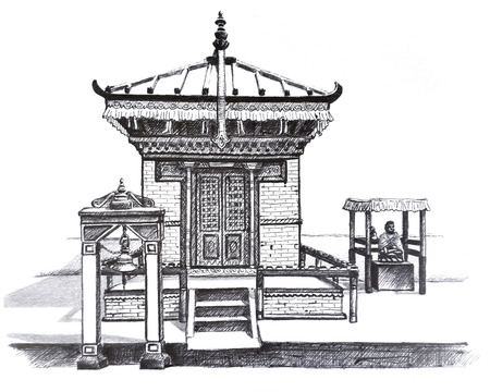 Hand drawn illustration of small buddhist temple in Kathmandu, Nepalの写真素材