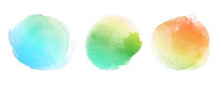 Set of hand painted watercolor textured round backgrounds isolated on white. Collection of multicolor brush strokes.の写真素材