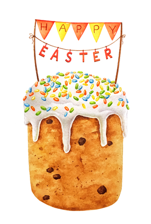Watercolor easter kulich cake with decoration isolated on white background.の写真素材