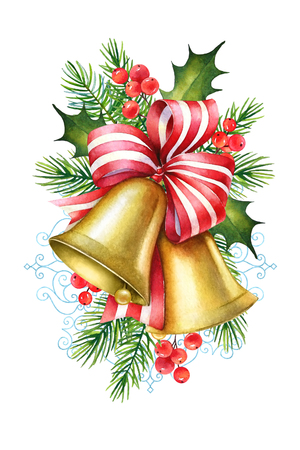 Watercolor christmas illustration of golden bells with red ribbon decorated with pine and holly tree branches isolated on white background.の写真素材