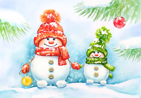 Watercolor hand drawn New Year card with two cute snowmen in hats, scarfs and mittens in the forest. They hold each others hands. Christmas and New Year card design.の写真素材