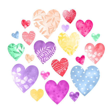 Watercolor collection of decorative hearts in joyful colors.の写真素材