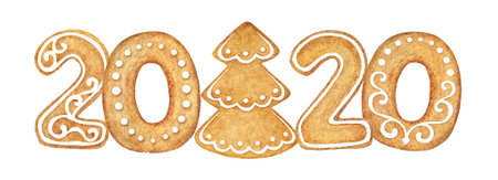 Collection of watercolor ginger cookies isolated on white background. Food lettering 2020.