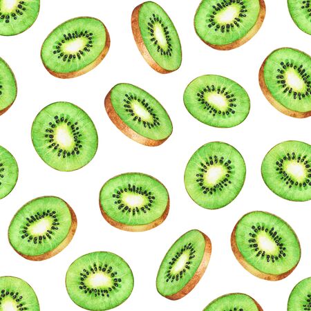 Seamless pattern with watercolor kiwi fruit slices on white backgroundの写真素材