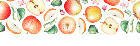 Seamless horizontal pattern with watercolor apples, green leaves and flowers.