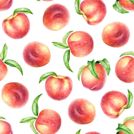 Seamless pattern with watercolor peach fruits and leaves isolated on white backgroundの写真素材