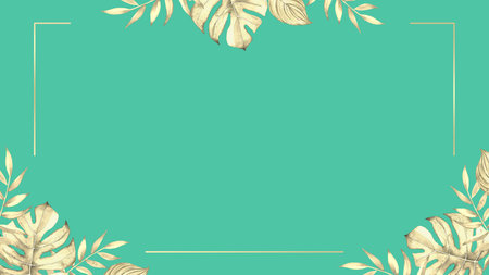 Floral frame with watercolor tropical plants and leaves on blue green background.の写真素材