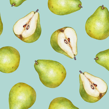 Seamless pattern with watercolor green pears isolated on light blue background.の写真素材