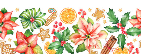 Seamless pattern with watercolor poinsettia flowers, holly branches with berries, ginger cookies and...
