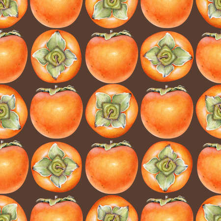 Seamless pattern with watercolor persimmon fruits isolated on brown backgroundの写真素材