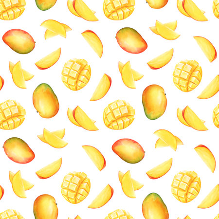 Seamless pattern with watercolor mango fruits with slices on white background.の写真素材