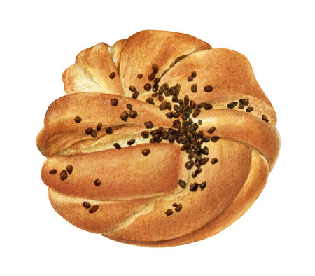 Watercolor illustration of a sweet bun with vanilla and chocolate chunks.