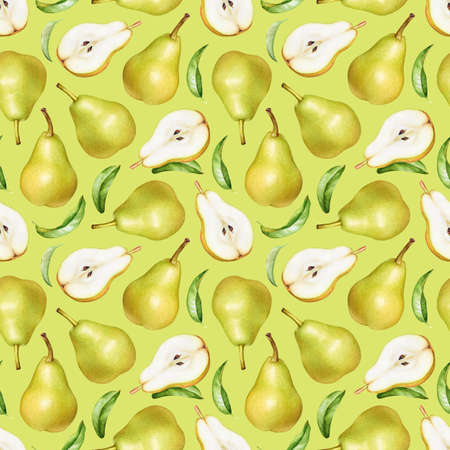 Seamless pattern of watercolor pears and green leaves on light yellow green backgroundの写真素材