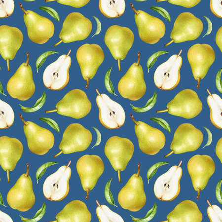 Seamless pattern of watercolor pears and green leaves on blue backgroundの写真素材