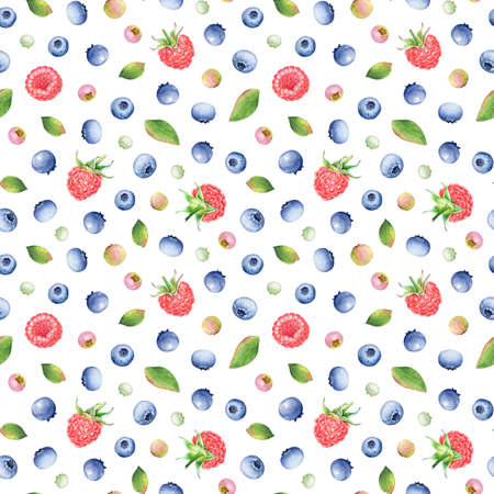 Seamless pattern of watercolor blueberries, raspberries and leaves on white backgrpundの写真素材