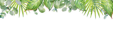 Floral design with watercolor green tropical leaves and branches with space for textの写真素材