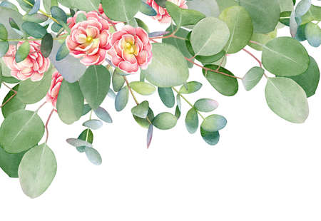 Watercolor eucalyptus tree branches and red flowers for floral design.の写真素材