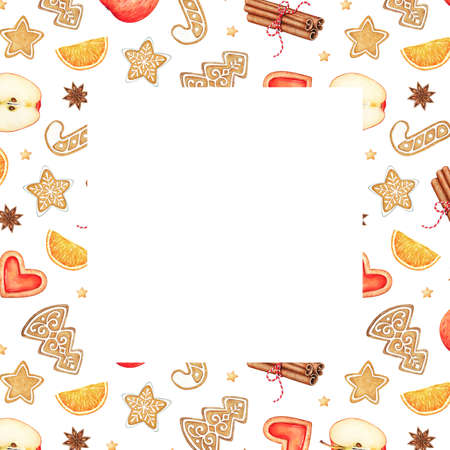 Square frame decorated with watercolor traditional christmas coockies, fruits and spices.の写真素材