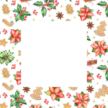 Square frame decorated with watercolor traditional christmas coockies, spices and plants.の写真素材