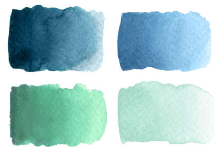 Collection of abstract watercolor blue and green brush strokes with stains and tone gradient on white background. Cold winter colors.の写真素材