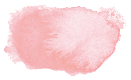 Abstract light pink watercolor brush stroke with stains and rough edges on white backgroundの写真素材