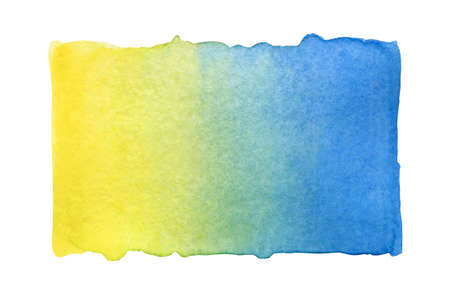 Watercolor yellow blue painting with color gradient and rough edges on white backgroundの写真素材