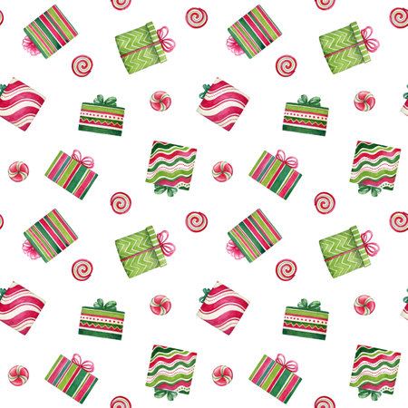 Seamless pattern with watercolor colorful gift boxes and candies on white backgroundの写真素材