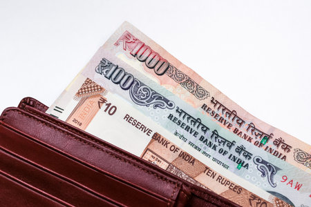 10, 100 and 1000 rupees notes in leather wallet on white backgroundの写真素材