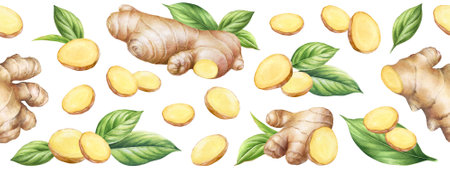 Horizontal seamless pattern with hand drawn watercolor ginger roots with slices and green leaves isolated on white backgroundの写真素材