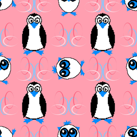 Vector illustration. Seamless pattern with owls and penguins.のイラスト素材