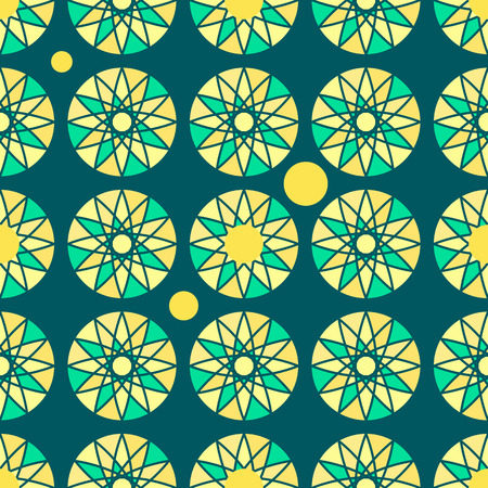 Seamless geometric pattern with circles and flowers on a dark background.のイラスト素材