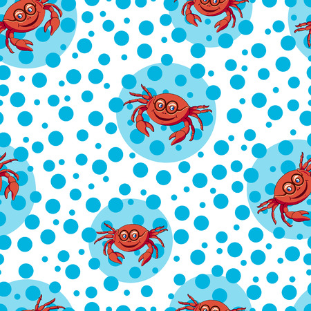 Red crab in the bubbles on a blue background.Marine seamless pattern.Vector illustration on the marine theme.のイラスト素材
