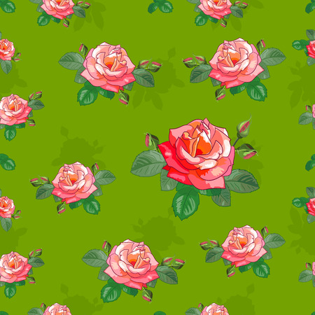 Floral seamless pattern. Rose with buds and leaves on a green background . Vector illustration. Suitable for fabrics, textiles, Wallpaper, scrapbooking.のイラスト素材
