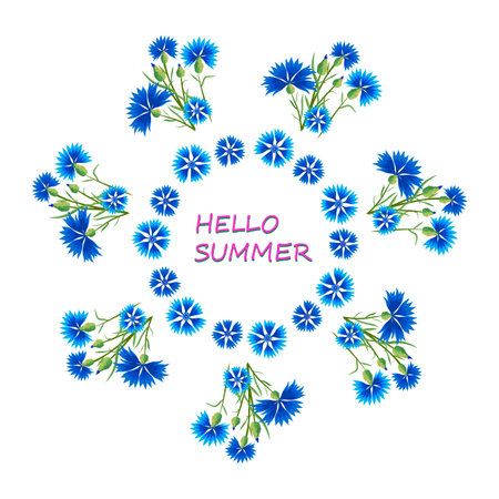 Hello summer.Greeting card with blue cornflowers,arranged in a circle,in the shape of a flower.のイラスト素材