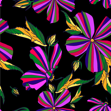 Bright floral seamless pattern. illustration with multicolored flowers and leaves on a black background. Suitable for fabric, textile, gift wrapping paper.のイラスト素材