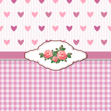 Greeting Card with Roses and Hearts. illustration with red roses on a pink background in the style of shabby chic.のイラスト素材
