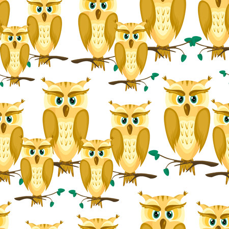 Cartoon a family of owls.Yellow owl with brown feathers and green eyes on the branches with the leaves.Seamless pattern with birds.のイラスト素材