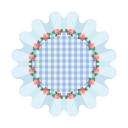 Blue napkin with ruffles in the style of shabby chic.Plaid fabric.illustration with roses,arranged in a circle.のイラスト素材