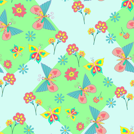 Seamless pattern with vivid flowers and butterflies on light green background. Summer illustration for kids.のイラスト素材