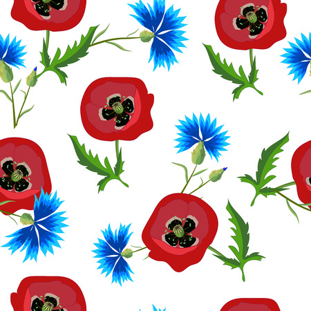 Floral seamless pattern with red poppies and blue cornflowers.Bright flowers on a white background.Summer illustration. Can be used for textile,fabric,wrapping paper.のイラスト素材