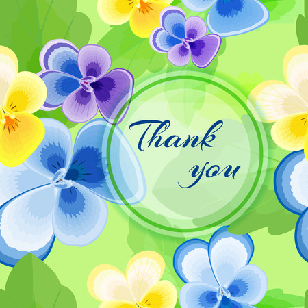 Beautiful greeting card Thank you Vector summer illustration with flowers and blue inscription.Purple,blue and yellow pansies on a light green background.のイラスト素材