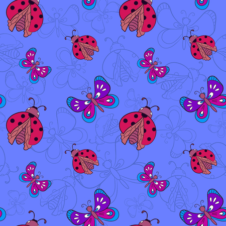 ladybugs and butterflies on blue backgroundのイラスト素材
