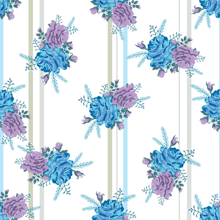 Beautiful seamless pattern with violet and blue roses on a white striped background.Vector illustration in the style of shabby chic.Print for book covers,textile,fabric,wrapping gift paperのイラスト素材