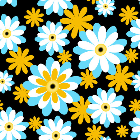 Lovely white,yellow daisies on a black background. Abstract seamless pattern with chamomile flowers.Summer floral vector illustration. Template for fashion prints, textile,fabric, wrapping gift paper.のイラスト素材