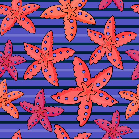 Marine seamless pattern with red,pink starfish, wavy horizontal stripes. Sea vector illustration for children's books, textile, fabric, gift paper. Print for baby.のイラスト素材