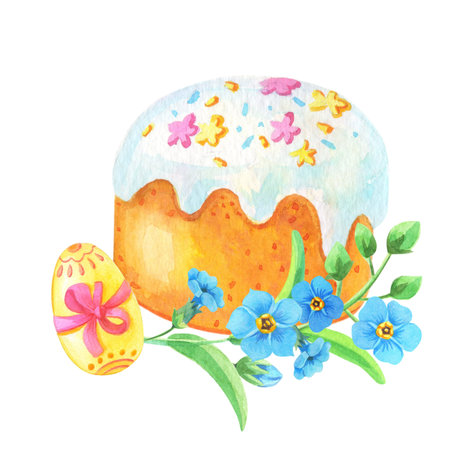Easter cake with glaze,egg,blue forget-me-not flower.Watercolor illustration with traditional...