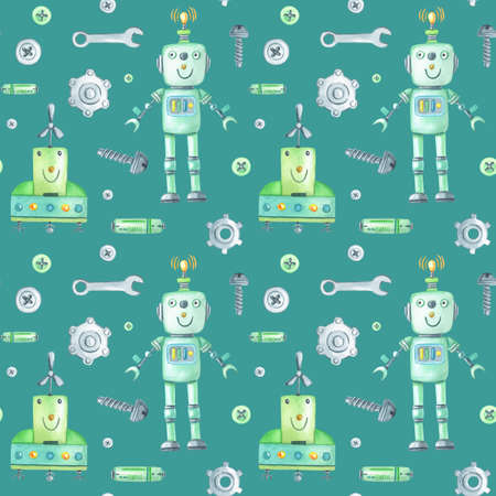 Watercolor green robots,screwdriver, screw, gear on green background. Cute watercolour cartoon character for children.の写真素材